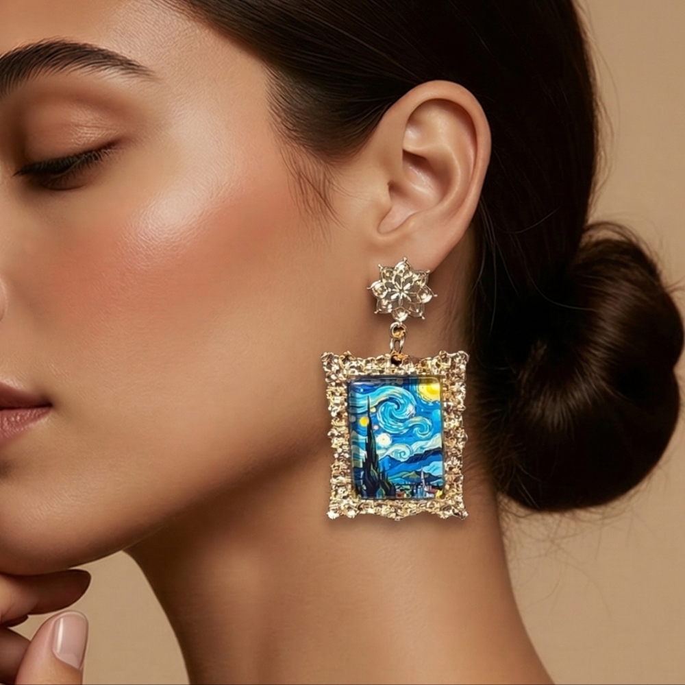 Starry Night Van Gogh Gold Frame Earrings Museum Art Dangle 2" Statement Jewelry